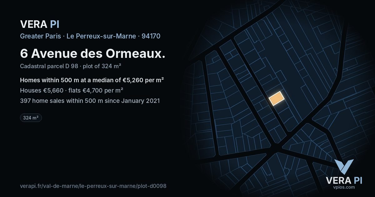 6 Avenue des Ormeaux, Le Perreux-sur-Marne at night – the plot lit, the parcels around coloured by the prices near them