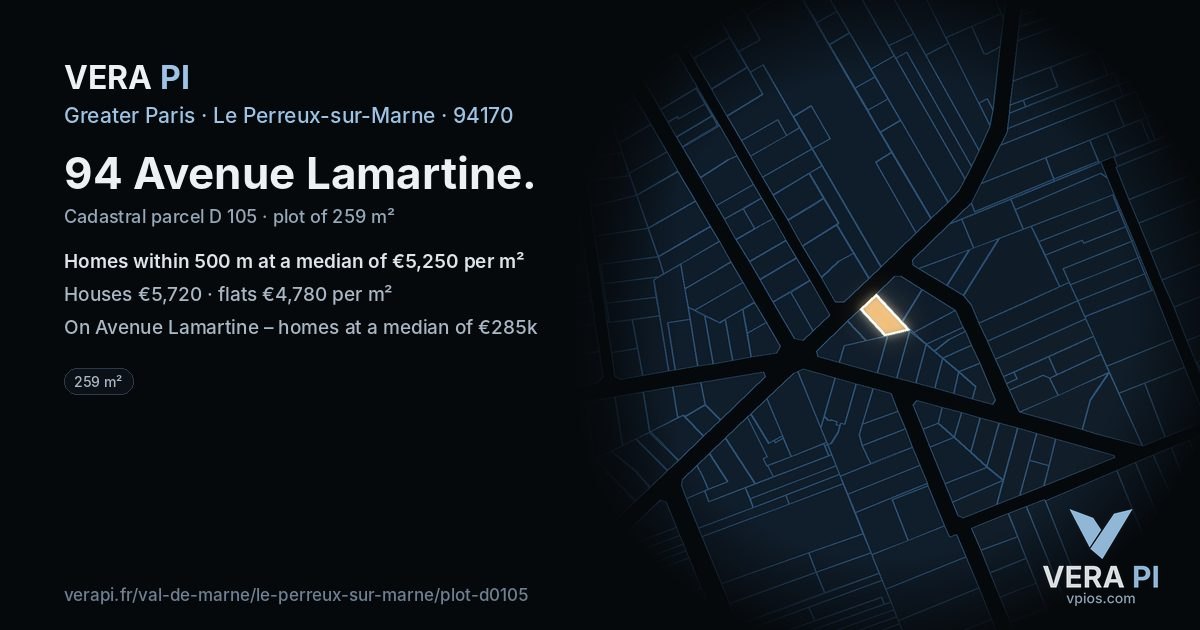 94 Avenue Lamartine, Le Perreux-sur-Marne at night – the plot lit, the parcels around coloured by the prices near them