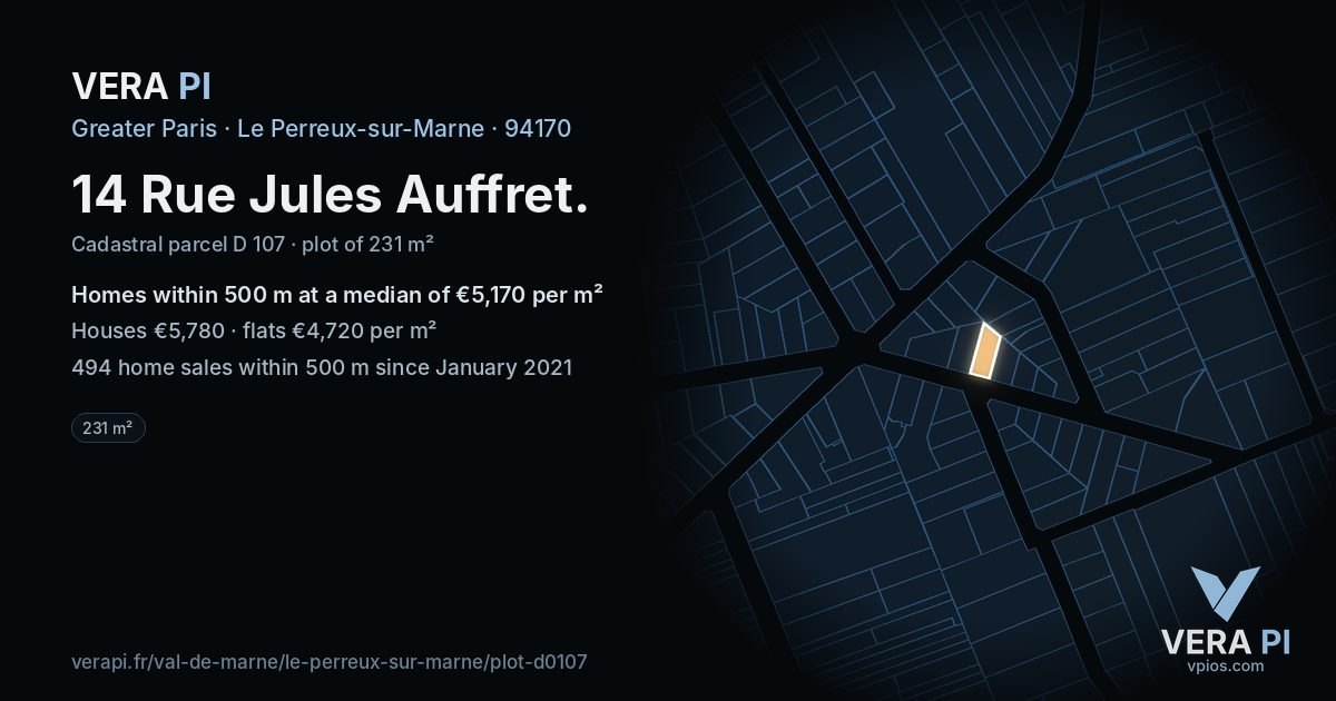 14 Rue Jules Auffret, Le Perreux-sur-Marne at night – the plot lit, the parcels around coloured by the prices near them