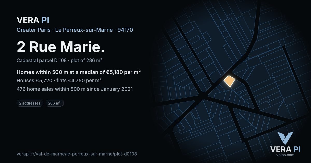 2 Rue Marie, Le Perreux-sur-Marne at night – the plot lit, the parcels around coloured by the prices near them