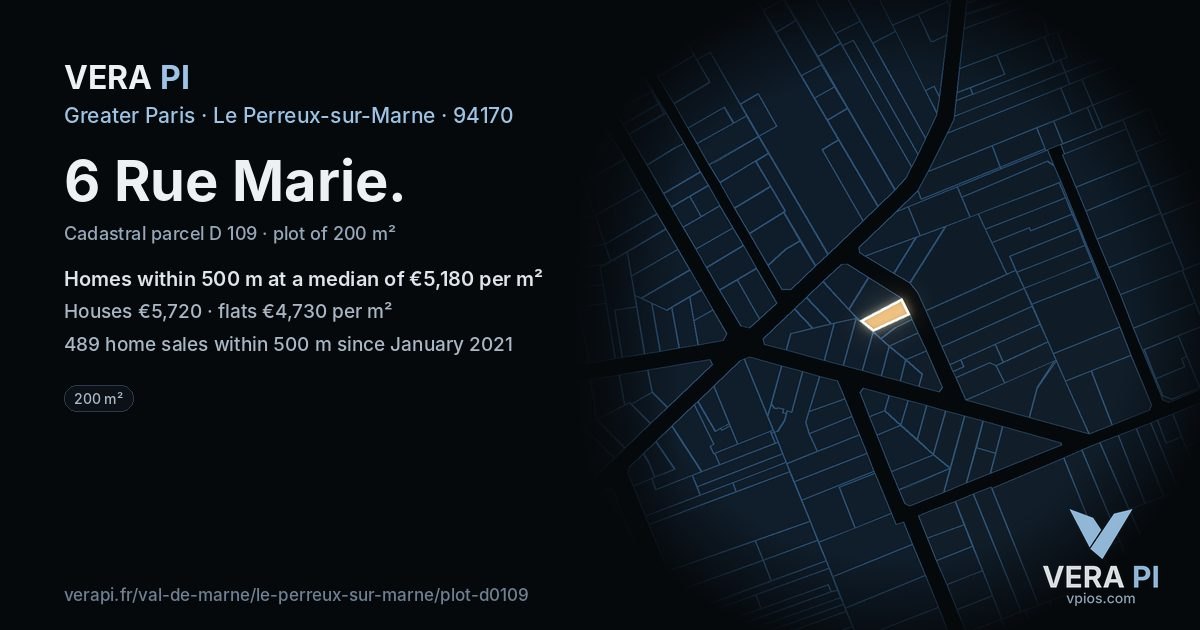 6 Rue Marie, Le Perreux-sur-Marne at night – the plot lit, the parcels around coloured by the prices near them