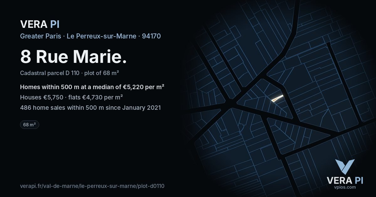 8 Rue Marie, Le Perreux-sur-Marne at night – the plot lit, the parcels around coloured by the prices near them