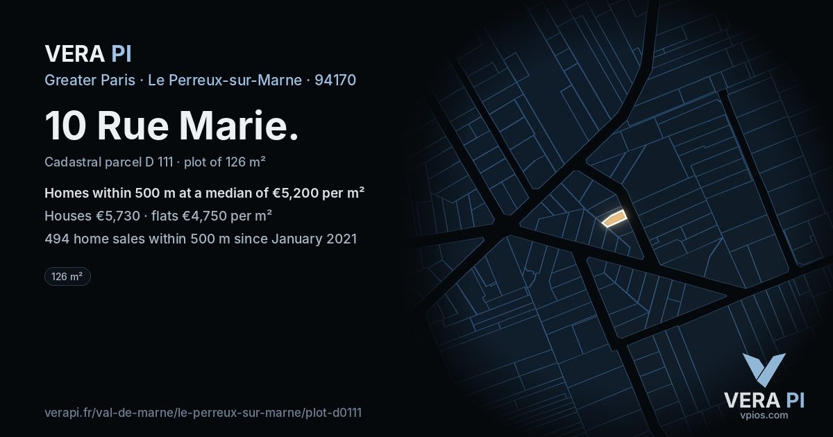 10 Rue Marie, Le Perreux-sur-Marne at night – the plot lit, the parcels around coloured by the prices near them