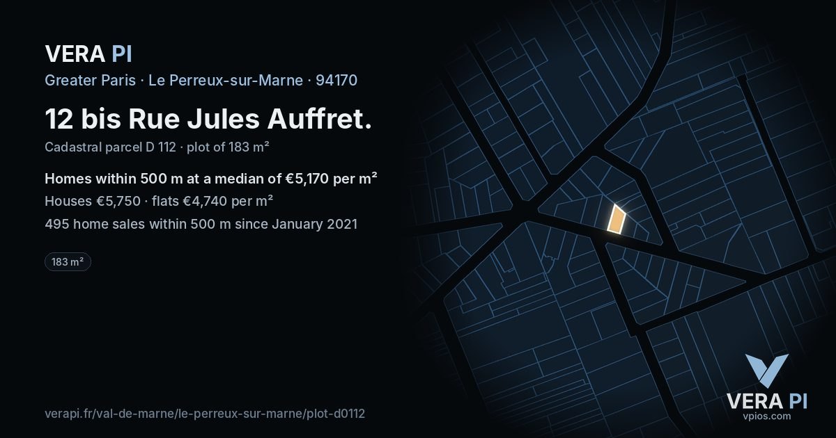 12 bis Rue Jules Auffret, Le Perreux-sur-Marne at night – the plot lit, the parcels around coloured by the prices near them