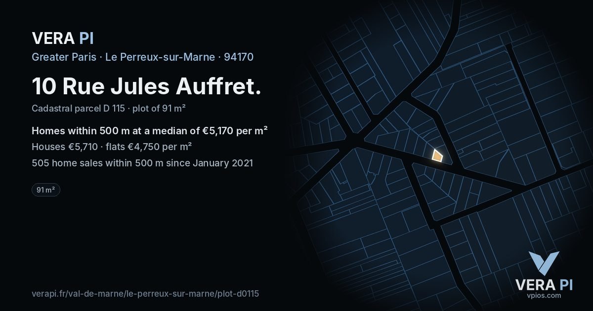 10 Rue Jules Auffret, Le Perreux-sur-Marne at night – the plot lit, the parcels around coloured by the prices near them