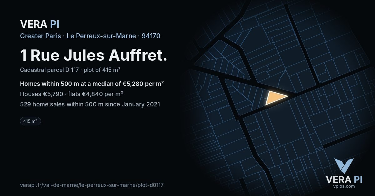 1 Rue Jules Auffret, Le Perreux-sur-Marne at night – the plot lit, the parcels around coloured by the prices near them