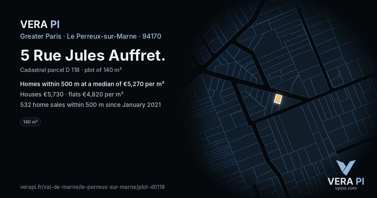 5 Rue Jules Auffret, Le Perreux-sur-Marne at night – the plot lit, the parcels around coloured by the prices near them