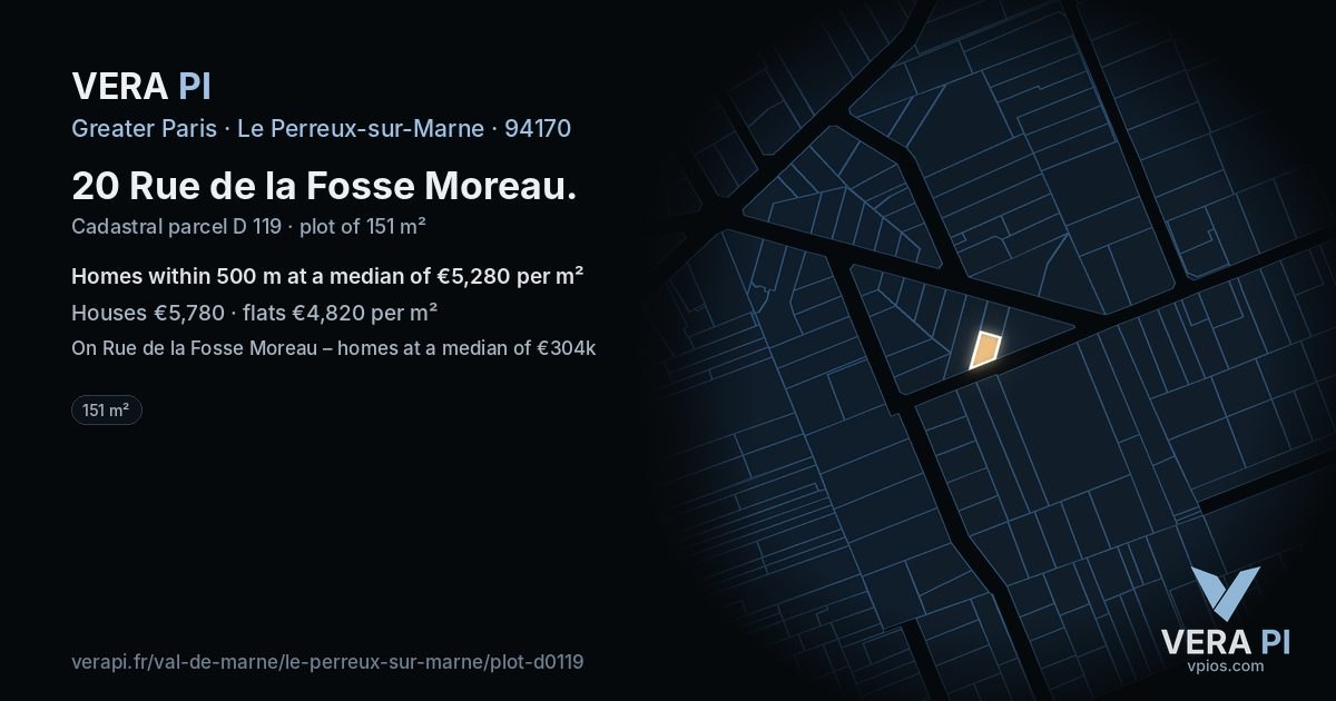 20 Rue de la Fosse Moreau, Le Perreux-sur-Marne at night – the plot lit, the parcels around coloured by the prices near them