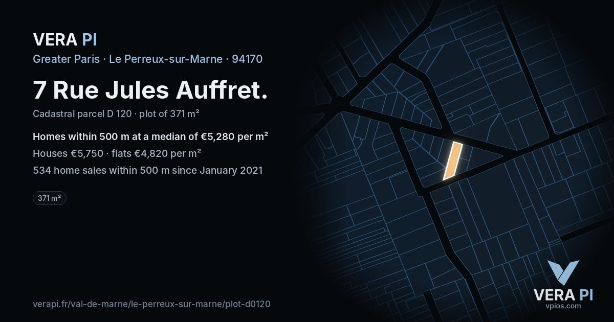 7 Rue Jules Auffret, Le Perreux-sur-Marne at night – the plot lit, the parcels around coloured by the prices near them