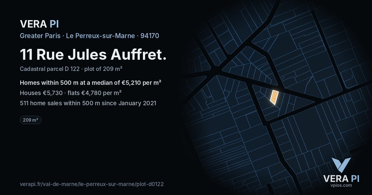 11 Rue Jules Auffret, Le Perreux-sur-Marne at night – the plot lit, the parcels around coloured by the prices near them