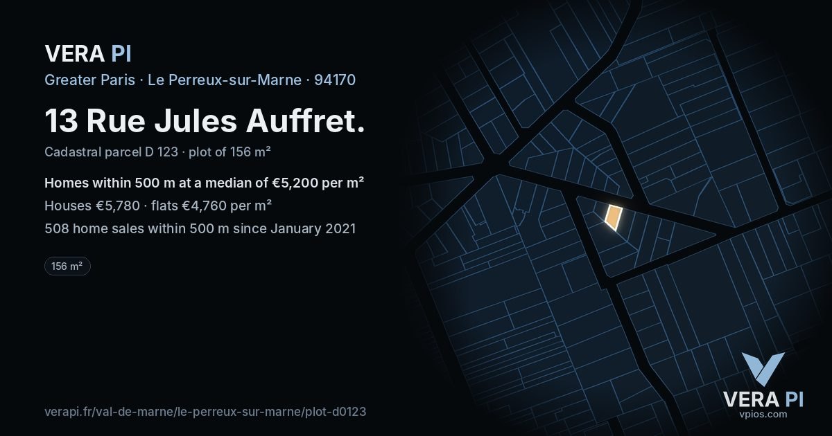 13 Rue Jules Auffret, Le Perreux-sur-Marne at night – the plot lit, the parcels around coloured by the prices near them