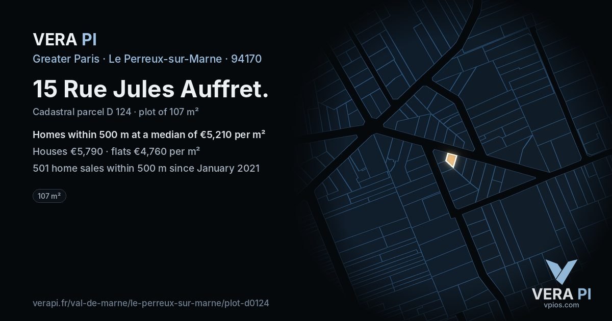 15 Rue Jules Auffret, Le Perreux-sur-Marne at night – the plot lit, the parcels around coloured by the prices near them