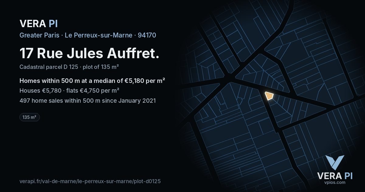 17 Rue Jules Auffret, Le Perreux-sur-Marne at night – the plot lit, the parcels around coloured by the prices near them