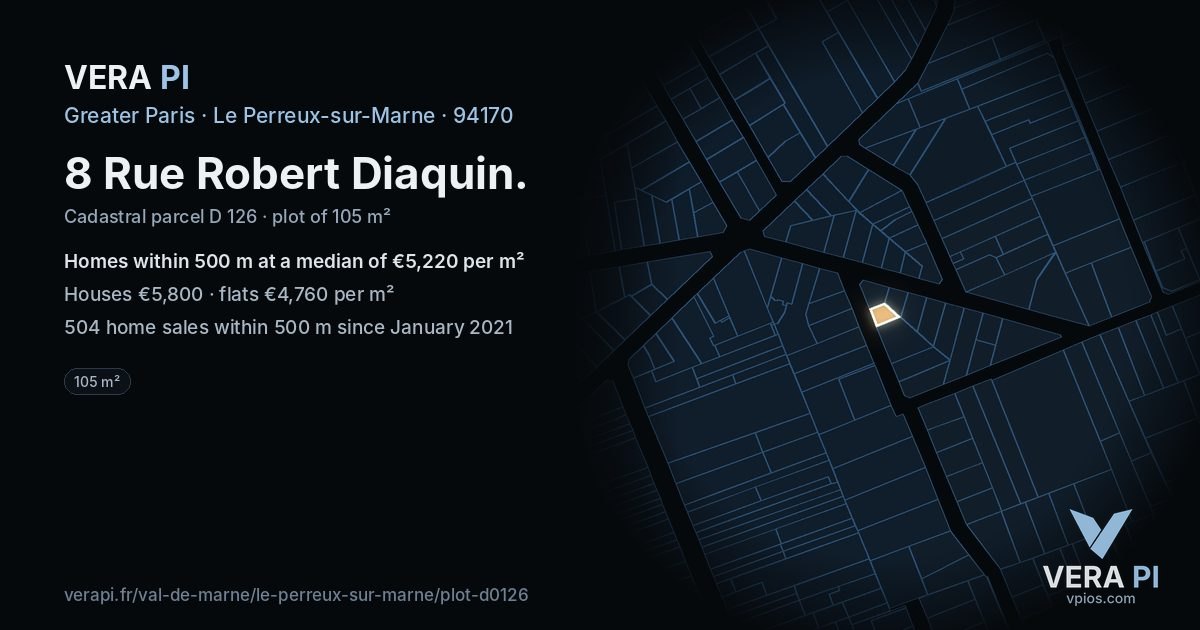 8 Rue Robert Diaquin, Le Perreux-sur-Marne at night – the plot lit, the parcels around coloured by the prices near them