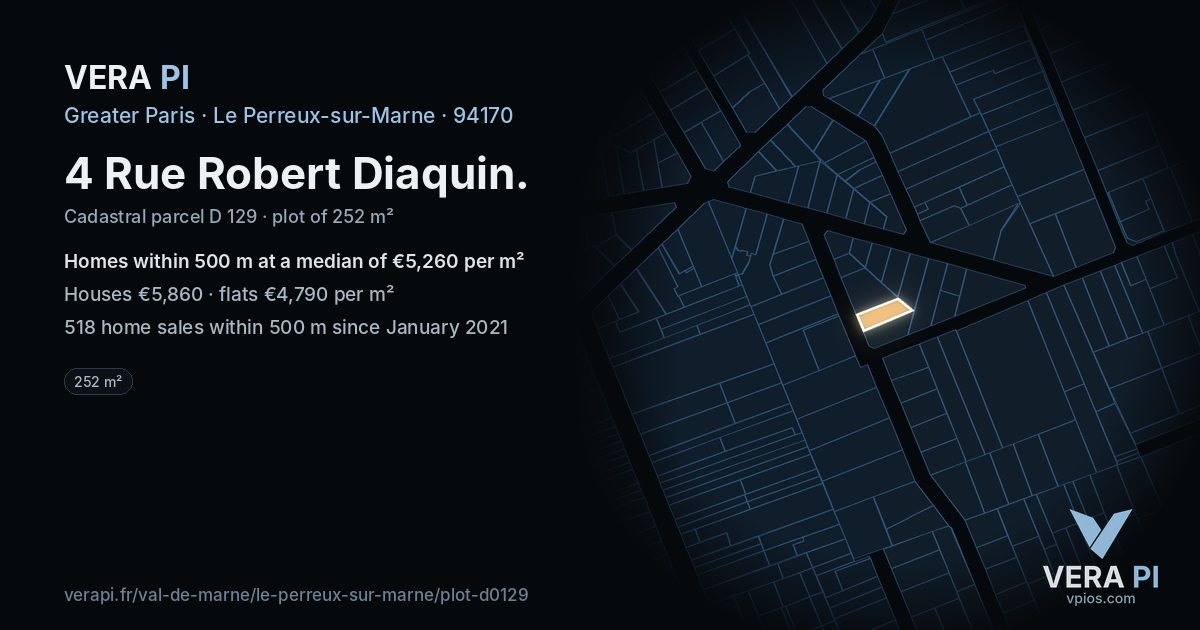 4 Rue Robert Diaquin, Le Perreux-sur-Marne at night – the plot lit, the parcels around coloured by the prices near them