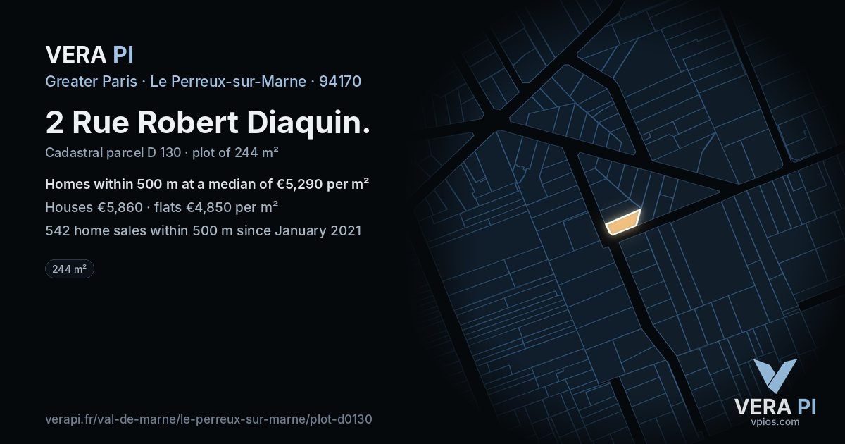 2 Rue Robert Diaquin, Le Perreux-sur-Marne at night – the plot lit, the parcels around coloured by the prices near them