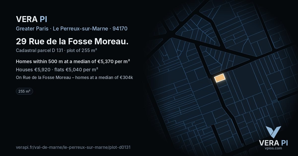 29 Rue de la Fosse Moreau, Le Perreux-sur-Marne at night – the plot lit, the parcels around coloured by the prices near them