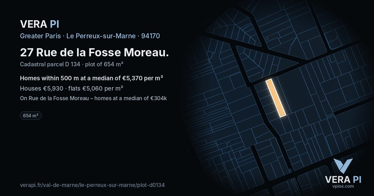 27 Rue de la Fosse Moreau, Le Perreux-sur-Marne at night – the plot lit, the parcels around coloured by the prices near them