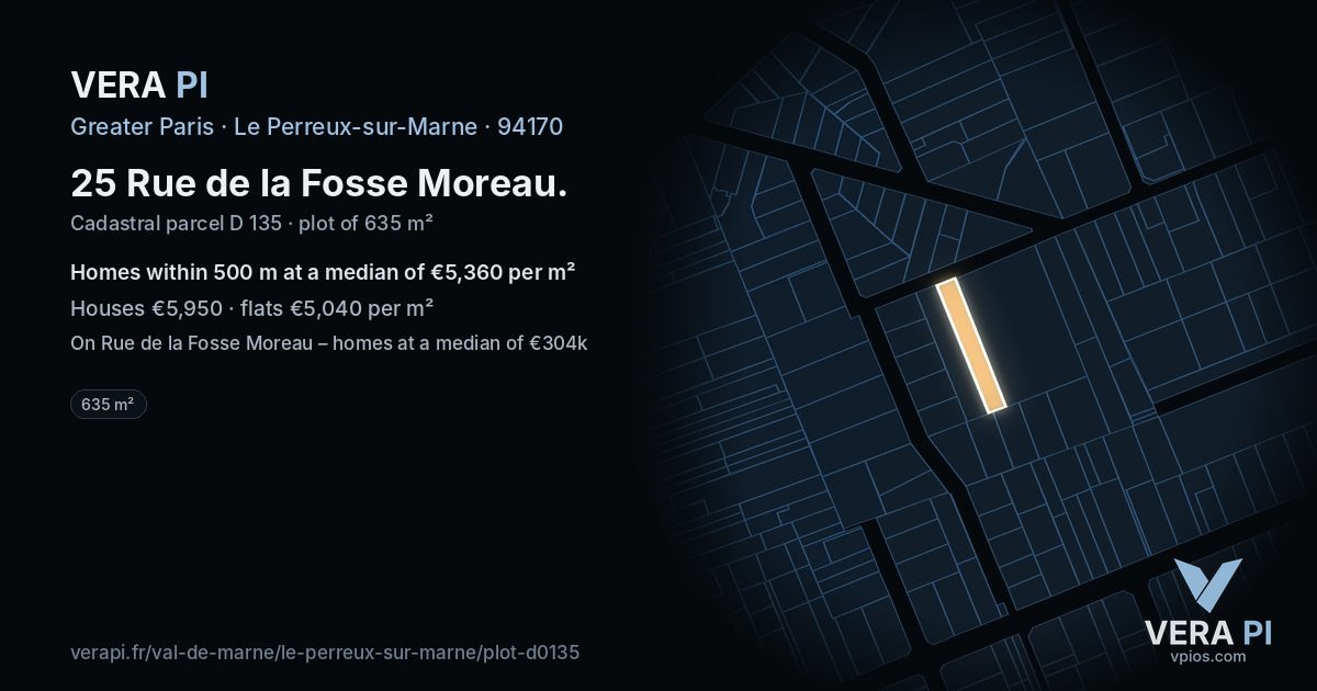 25 Rue de la Fosse Moreau, Le Perreux-sur-Marne at night – the plot lit, the parcels around coloured by the prices near them