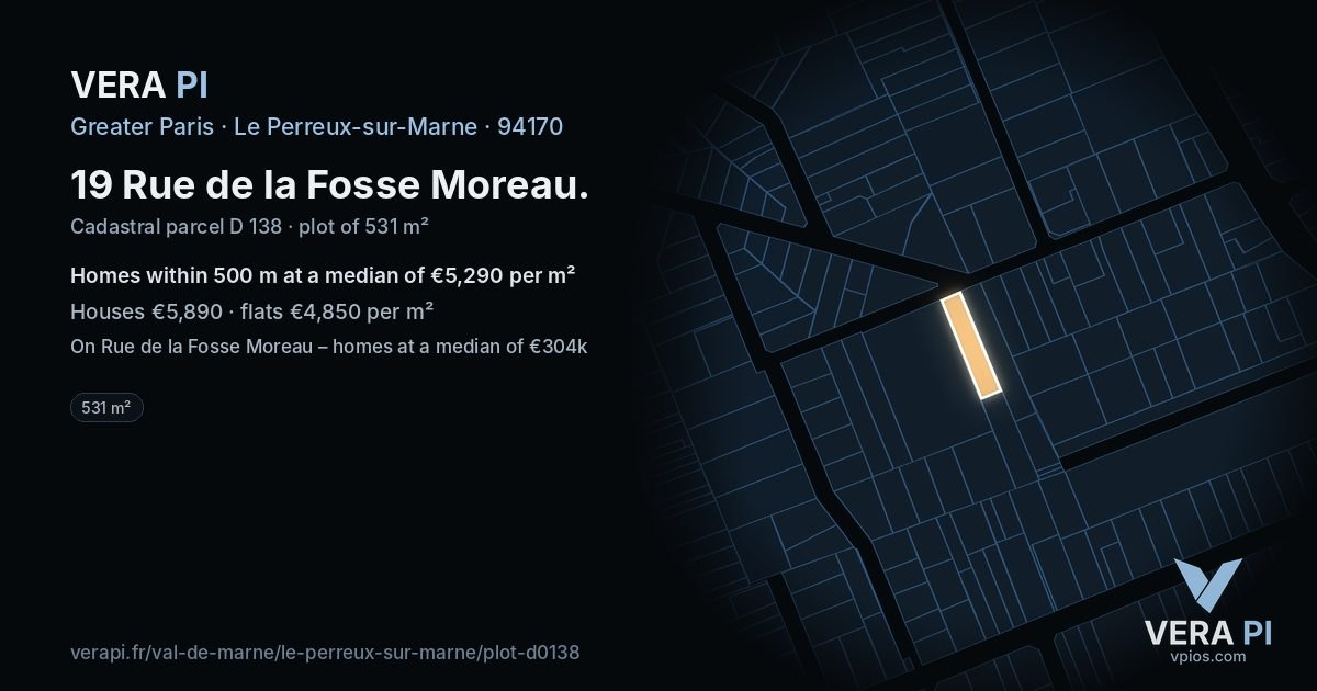 19 Rue de la Fosse Moreau, Le Perreux-sur-Marne at night – the plot lit, the parcels around coloured by the prices near them