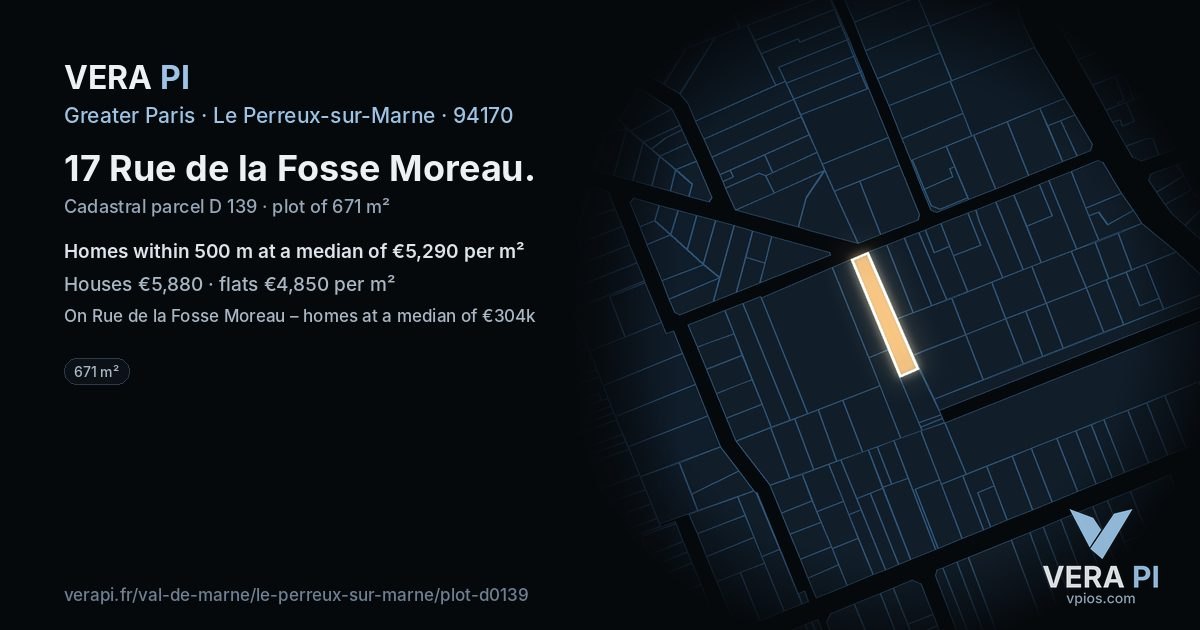 17 Rue de la Fosse Moreau, Le Perreux-sur-Marne at night – the plot lit, the parcels around coloured by the prices near them
