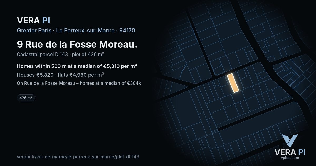 9 Rue de la Fosse Moreau, Le Perreux-sur-Marne at night – the plot lit, the parcels around coloured by the prices near them