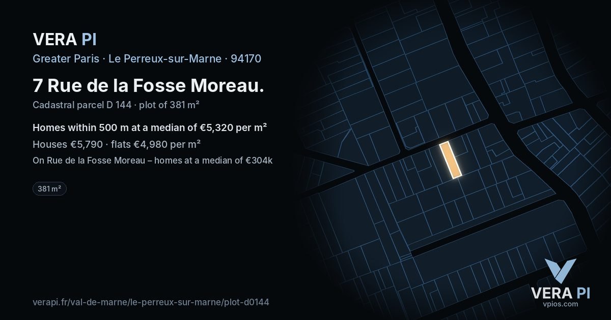 7 Rue de la Fosse Moreau, Le Perreux-sur-Marne at night – the plot lit, the parcels around coloured by the prices near them