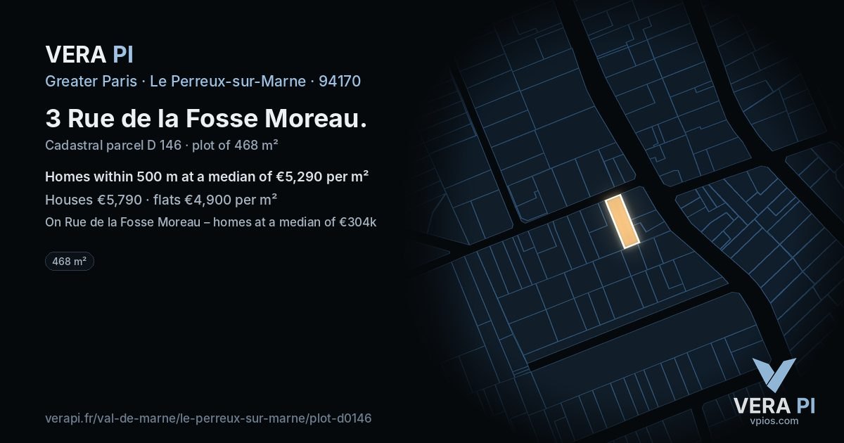 3 Rue de la Fosse Moreau, Le Perreux-sur-Marne at night – the plot lit, the parcels around coloured by the prices near them