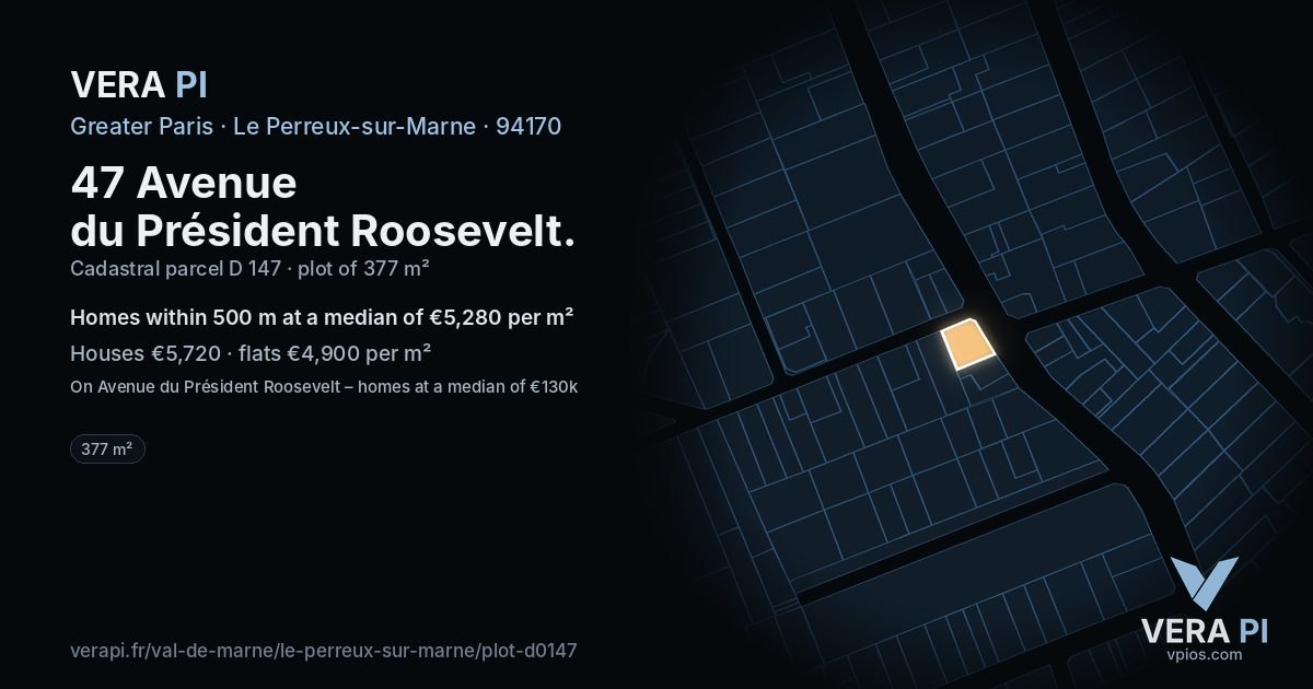 47 Avenue du Président Roosevelt, Le Perreux-sur-Marne at night – the plot lit, the parcels around coloured by the prices near them
