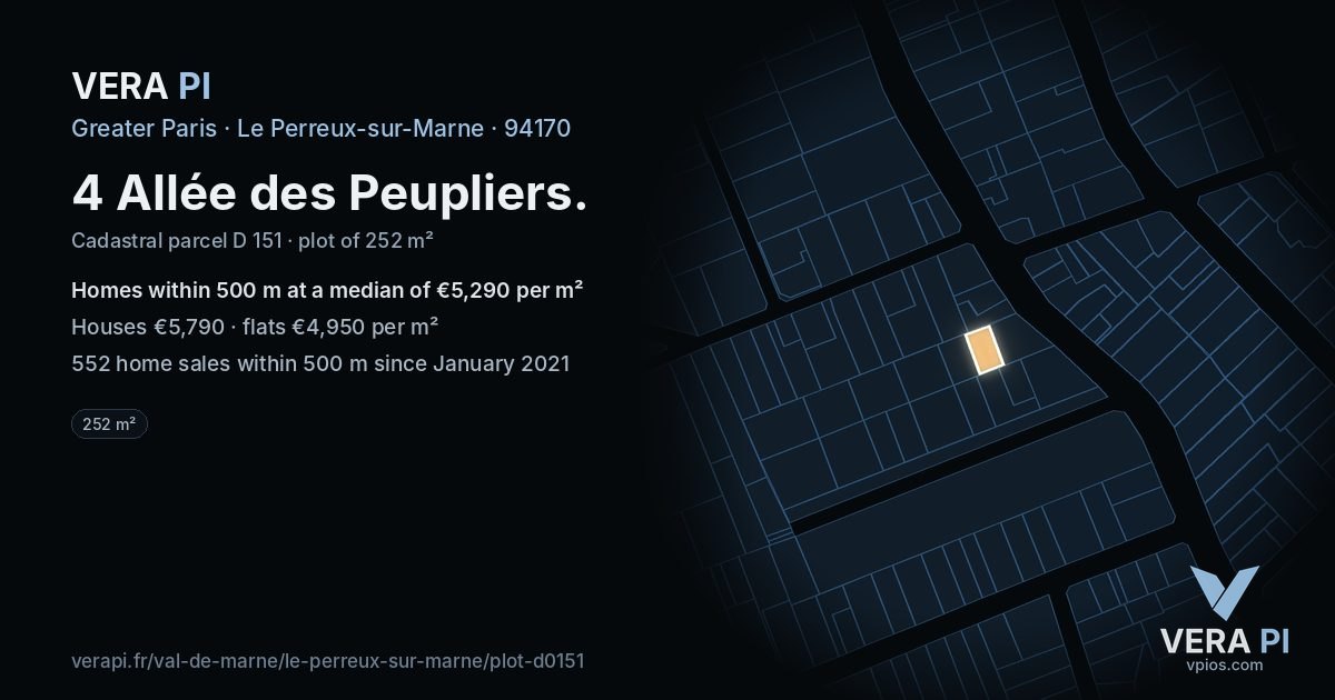 4 Allée des Peupliers, Le Perreux-sur-Marne at night – the plot lit, the parcels around coloured by the prices near them