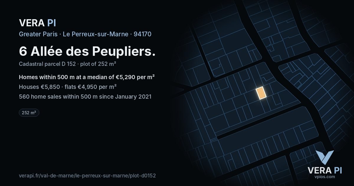 6 Allée des Peupliers, Le Perreux-sur-Marne at night – the plot lit, the parcels around coloured by the prices near them
