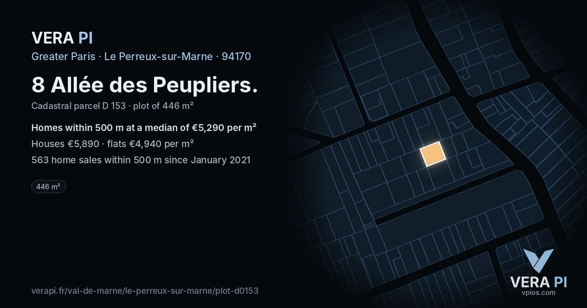 8 Allée des Peupliers, Le Perreux-sur-Marne at night – the plot lit, the parcels around coloured by the prices near them