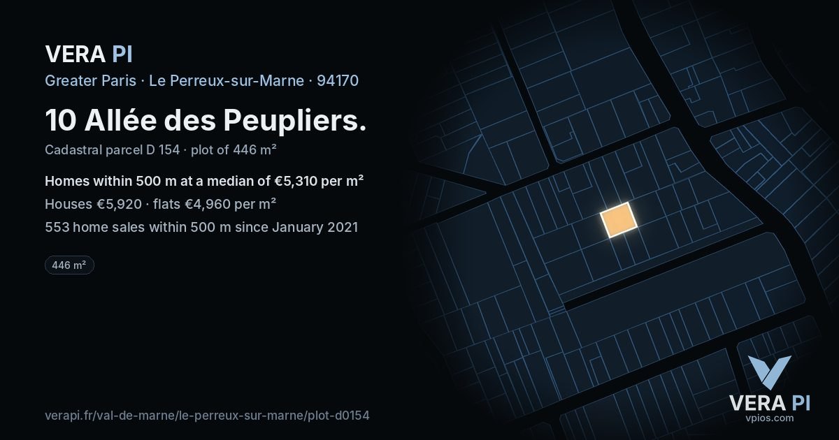 10 Allée des Peupliers, Le Perreux-sur-Marne at night – the plot lit, the parcels around coloured by the prices near them