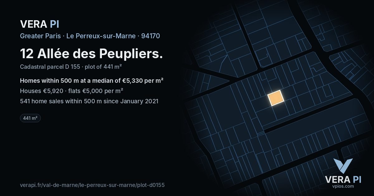 12 Allée des Peupliers, Le Perreux-sur-Marne at night – the plot lit, the parcels around coloured by the prices near them