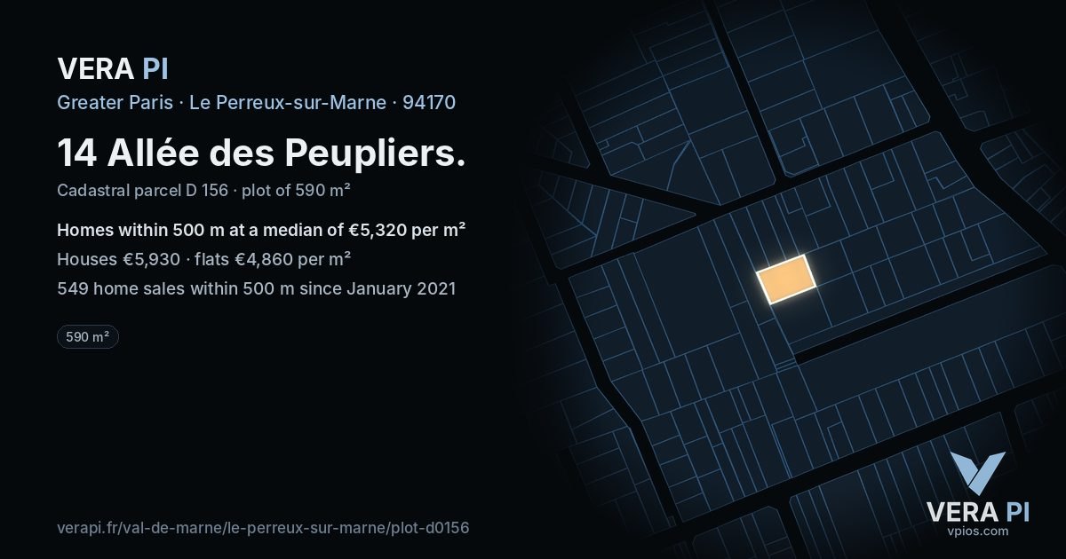 14 Allée des Peupliers, Le Perreux-sur-Marne at night – the plot lit, the parcels around coloured by the prices near them
