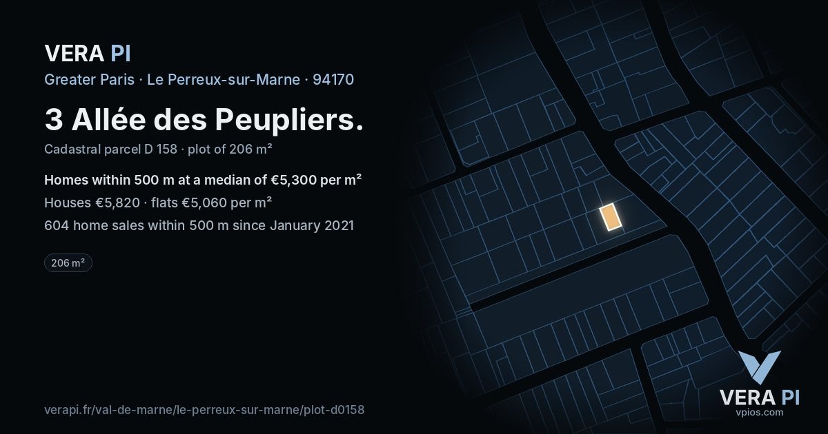 3 Allée des Peupliers, Le Perreux-sur-Marne at night – the plot lit, the parcels around coloured by the prices near them