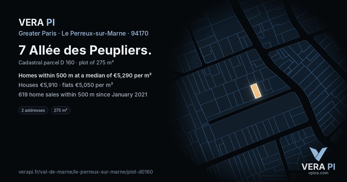 7 Allée des Peupliers, Le Perreux-sur-Marne at night – the plot lit, the parcels around coloured by the prices near them