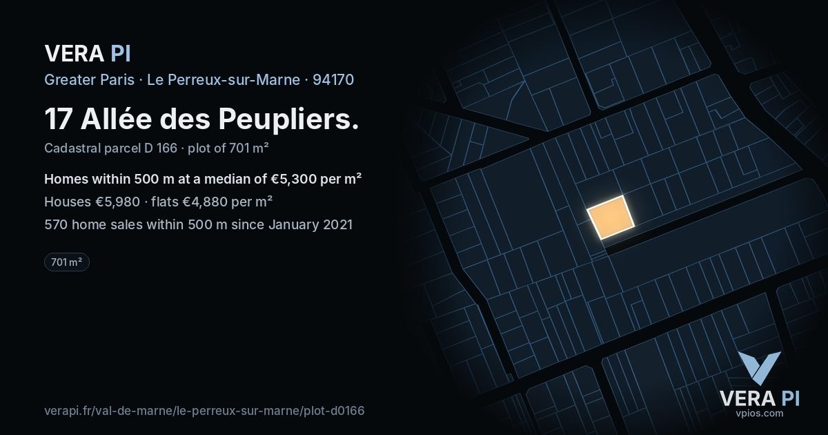 17 Allée des Peupliers, Le Perreux-sur-Marne at night – the plot lit, the parcels around coloured by the prices near them