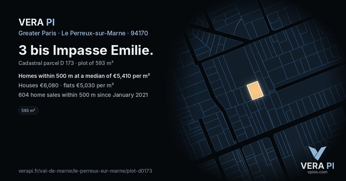 3 bis Impasse Emilie, Le Perreux-sur-Marne at night – the plot lit, the parcels around coloured by the prices near them