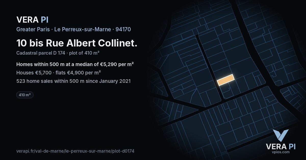 10 bis Rue Albert Collinet, Le Perreux-sur-Marne at night – the plot lit, the parcels around coloured by the prices near them