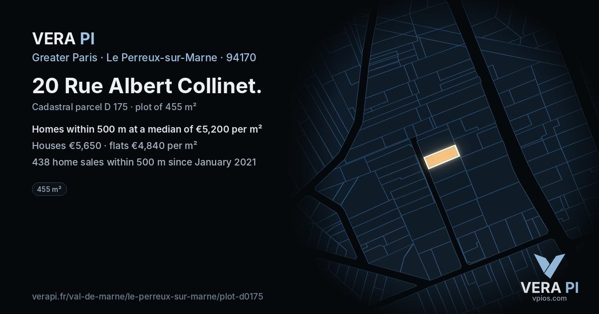 20 Rue Albert Collinet, Le Perreux-sur-Marne at night – the plot lit, the parcels around coloured by the prices near them