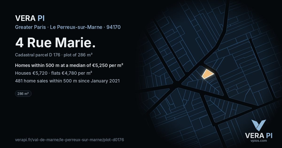 4 Rue Marie, Le Perreux-sur-Marne at night – the plot lit, the parcels around coloured by the prices near them