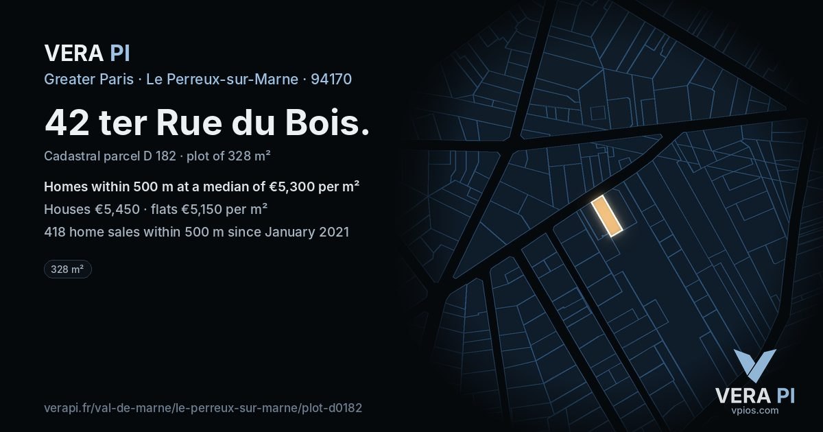42 ter Rue du Bois, Le Perreux-sur-Marne at night – the plot lit, the parcels around coloured by the prices near them
