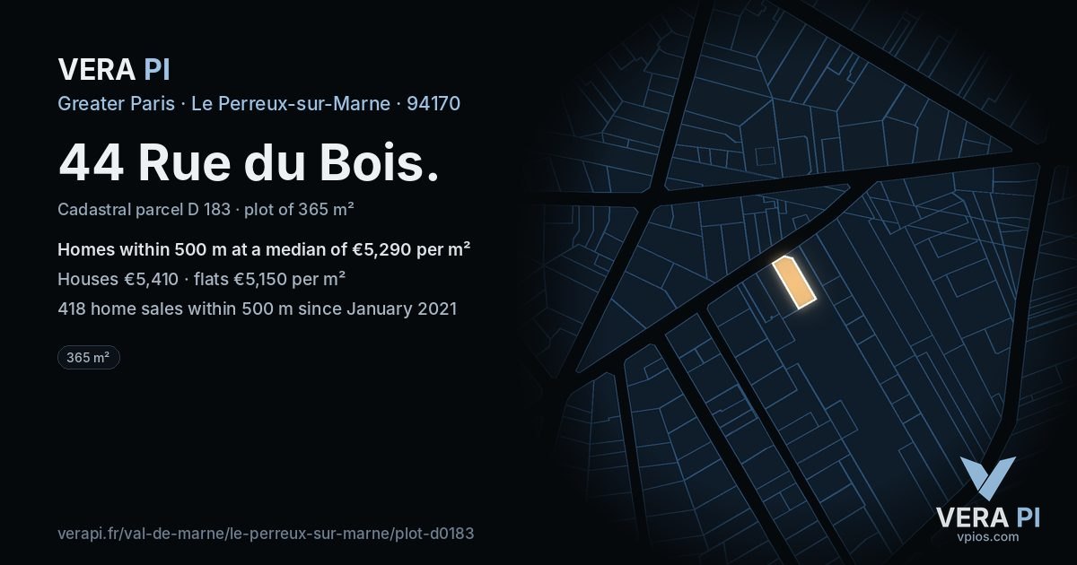 44 Rue du Bois, Le Perreux-sur-Marne at night – the plot lit, the parcels around coloured by the prices near them