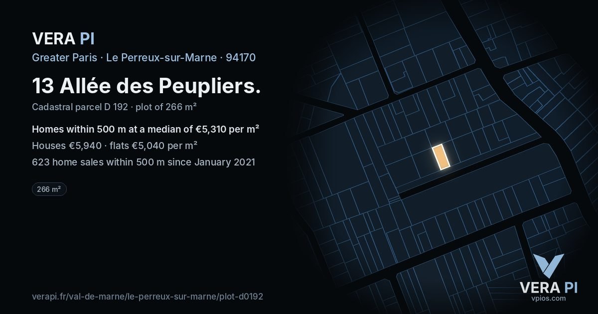 13 Allée des Peupliers, Le Perreux-sur-Marne at night – the plot lit, the parcels around coloured by the prices near them
