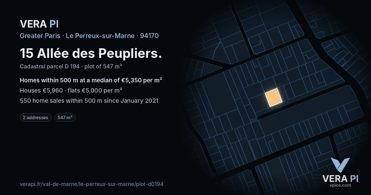 15 Allée des Peupliers, Le Perreux-sur-Marne at night – the plot lit, the parcels around coloured by the prices near them