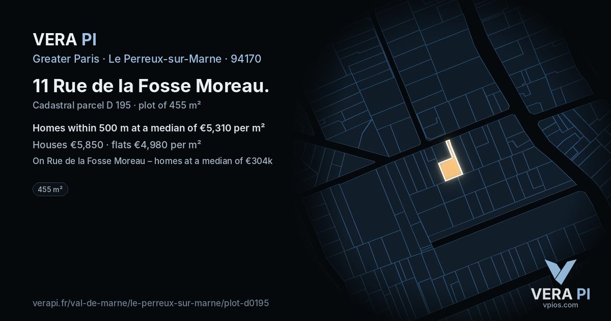 11 Rue de la Fosse Moreau, Le Perreux-sur-Marne at night – the plot lit, the parcels around coloured by the prices near them