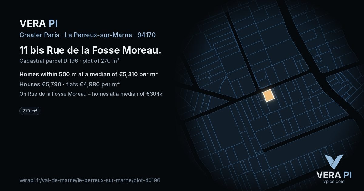 11 bis Rue de la Fosse Moreau, Le Perreux-sur-Marne at night – the plot lit, the parcels around coloured by the prices near them