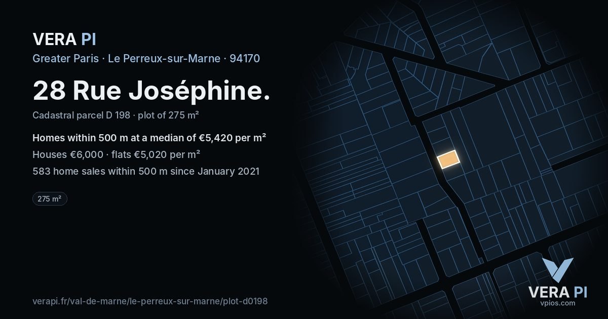 28 Rue Joséphine, Le Perreux-sur-Marne at night – the plot lit, the parcels around coloured by the prices near them