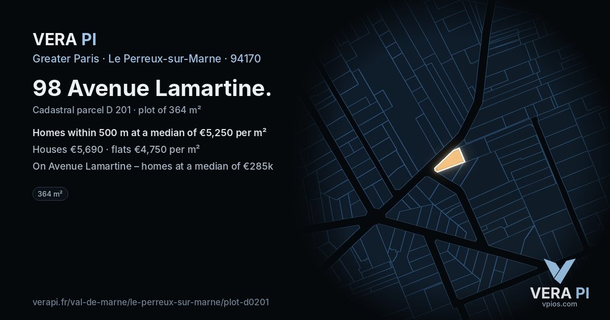 98 Avenue Lamartine, Le Perreux-sur-Marne at night – the plot lit, the parcels around coloured by the prices near them